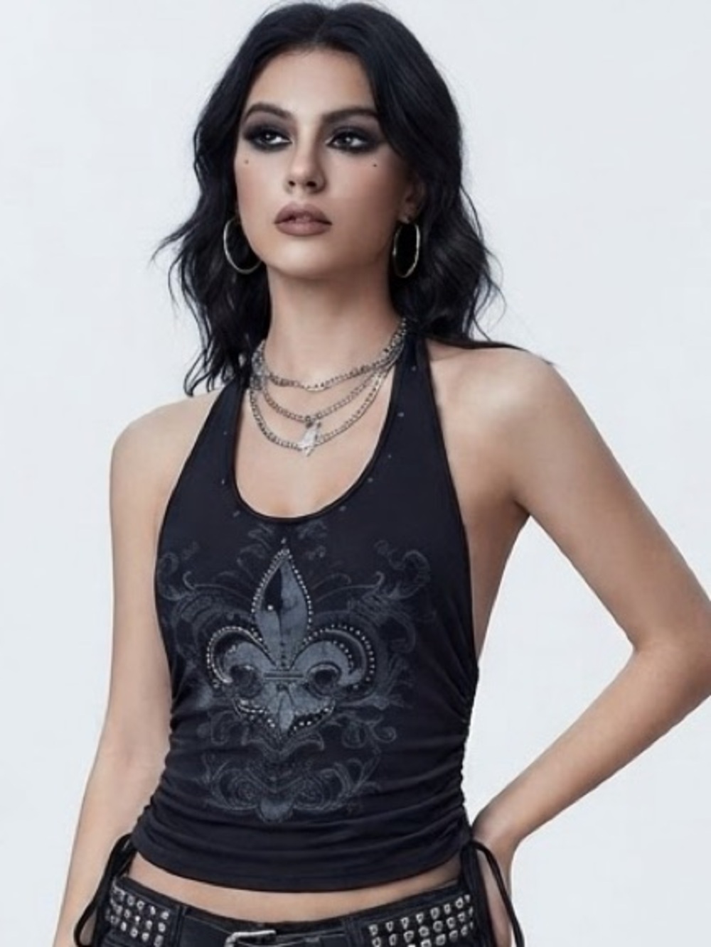 Misunderstood dark grey / charcoal Fleur-De-Lis Rhinestone Halter Top Size XL